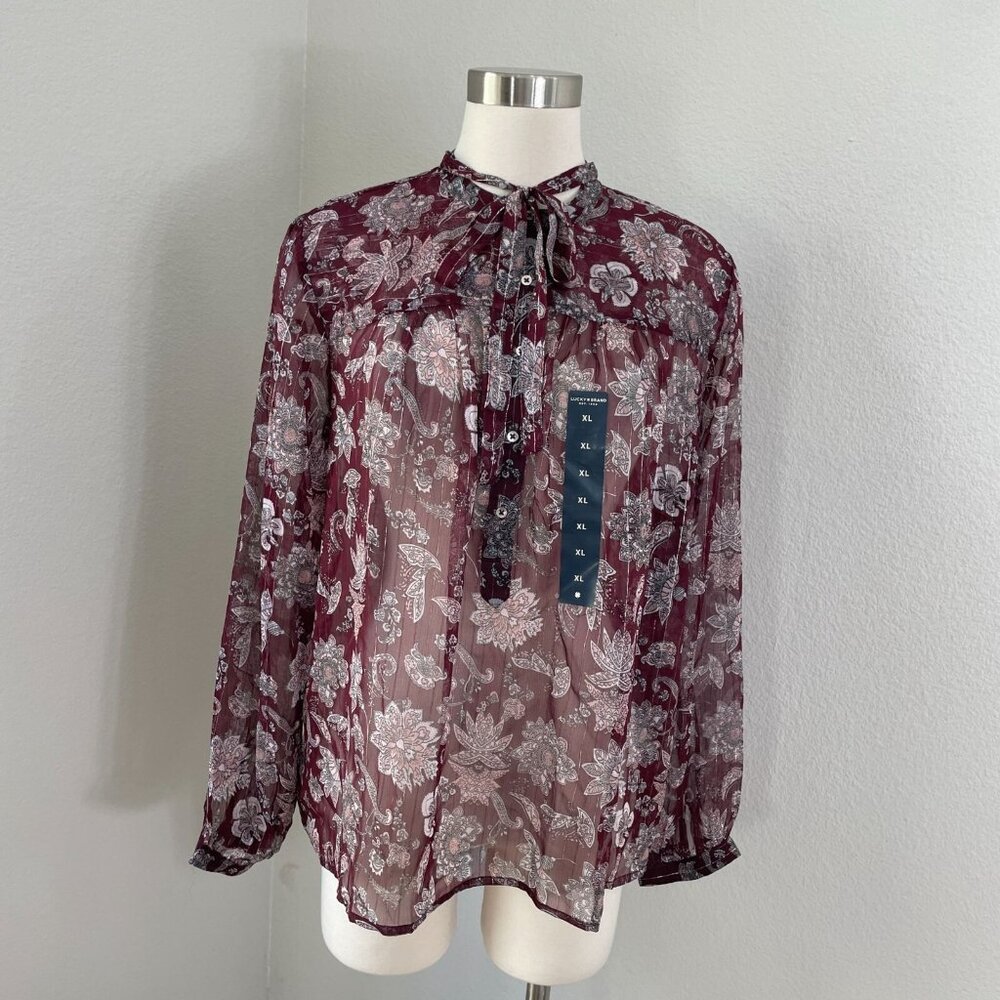 NEW Lucky Brand Womens XL Sheer Floral Burgundy Blouse Tie Neck Sheer Shirt Top